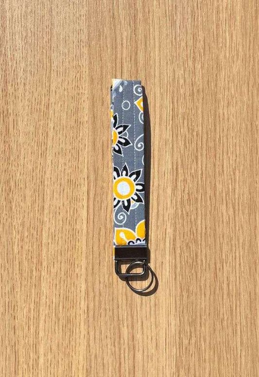 Gray and Yellow Floral Print Wristlet Keychain