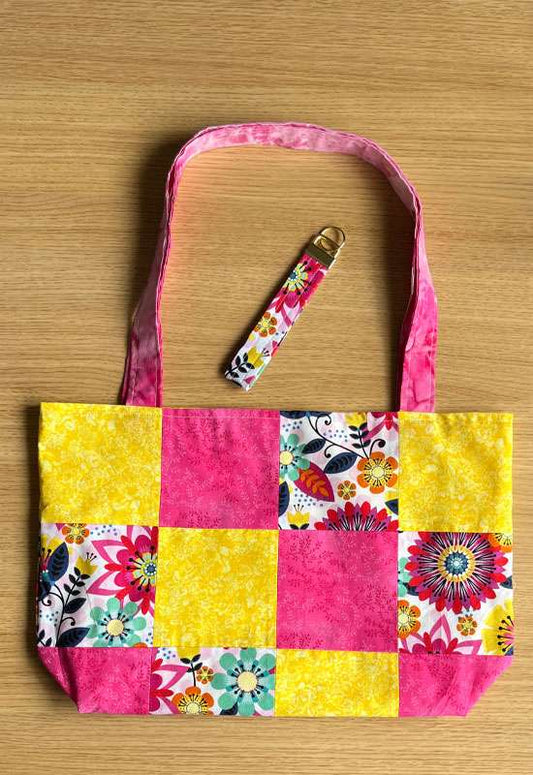 Floral Print Patchwork Tote w/ Matching Wristlet Keychain